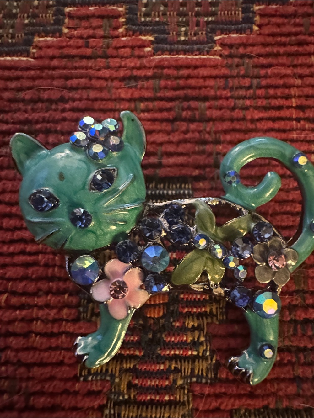 NWOT Green Cat Brooch with Blue and Pink Crystals - Decorative Pet Jewelry